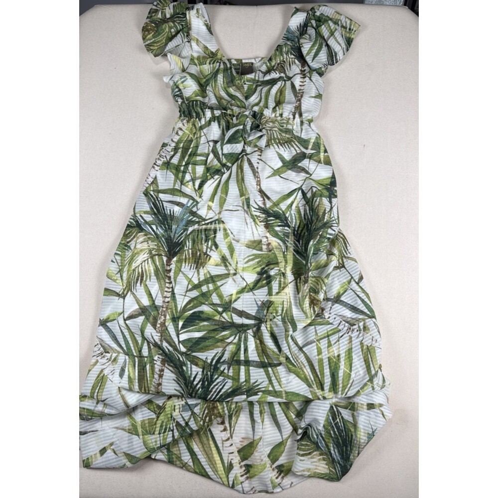 Taylor Palm Leaf Maxi Dress Size 10 Flutter Sleeve Elastic Waist Boho Vacation